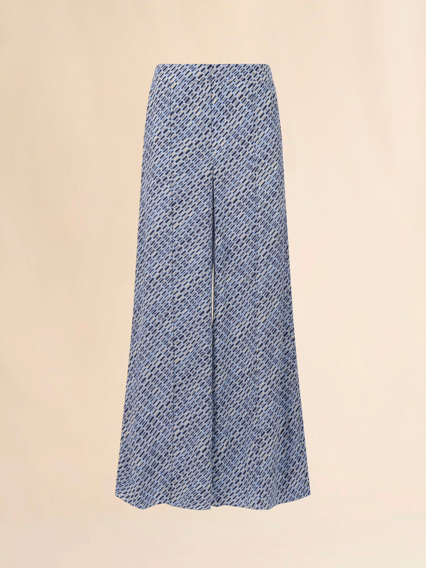 Blue crêpe de chine trousers with Criss Cross print, Image 1