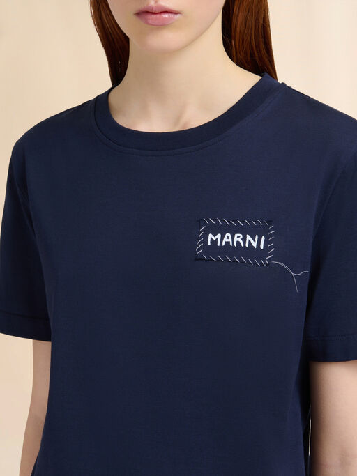 Deep blue organic cotton T-shirt with Marni patch - T-shirts