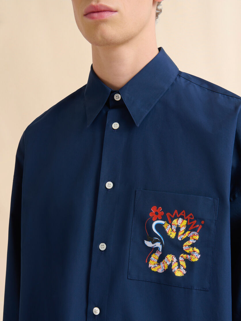 Deep blue cotton long-sleeved shirt with snake print - Shirts - Image 4