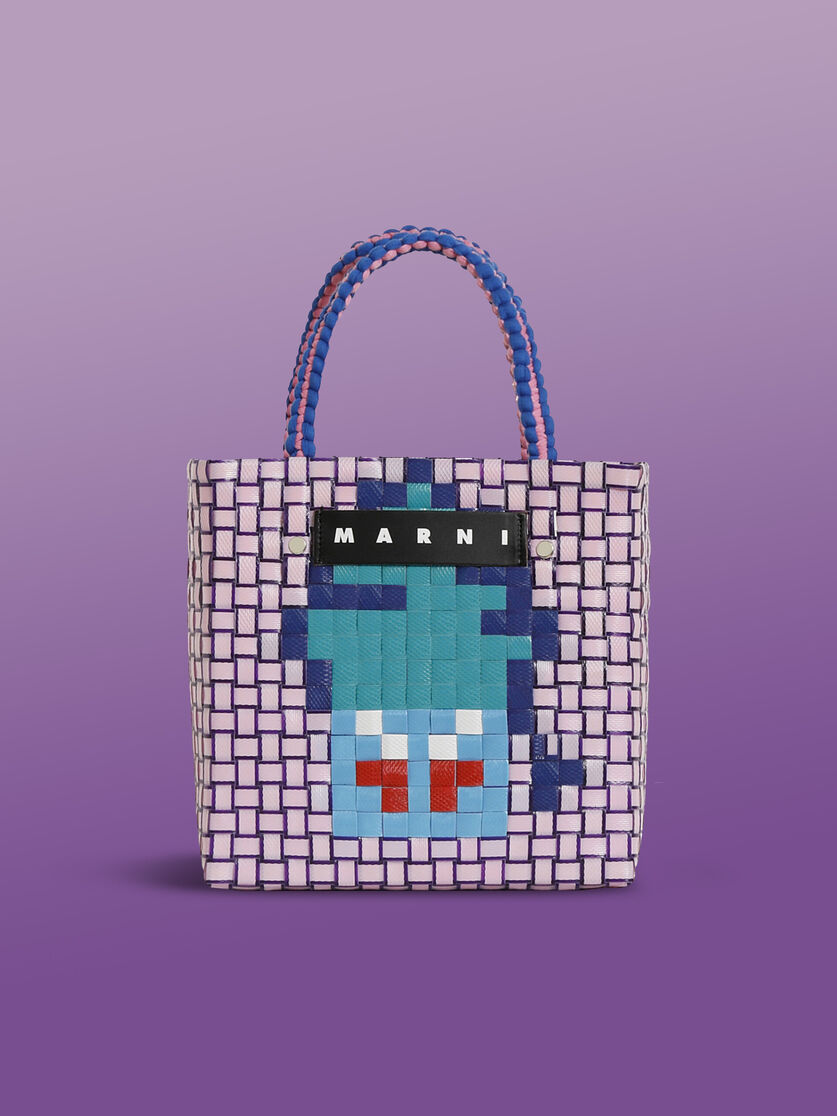 Blue MARNI MARKET MINI BASKET bag with front graphic - Shopping Bags - Image 1