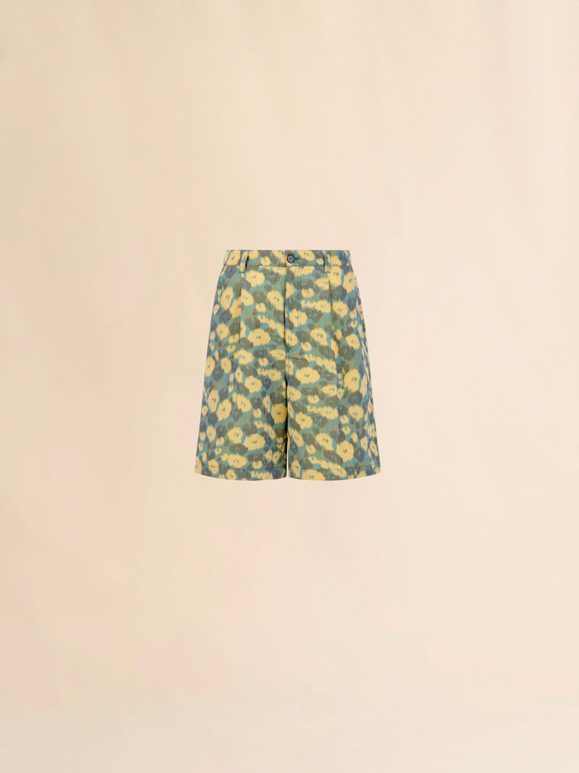 Green linen blend shorts with blurry floral print, Image 1