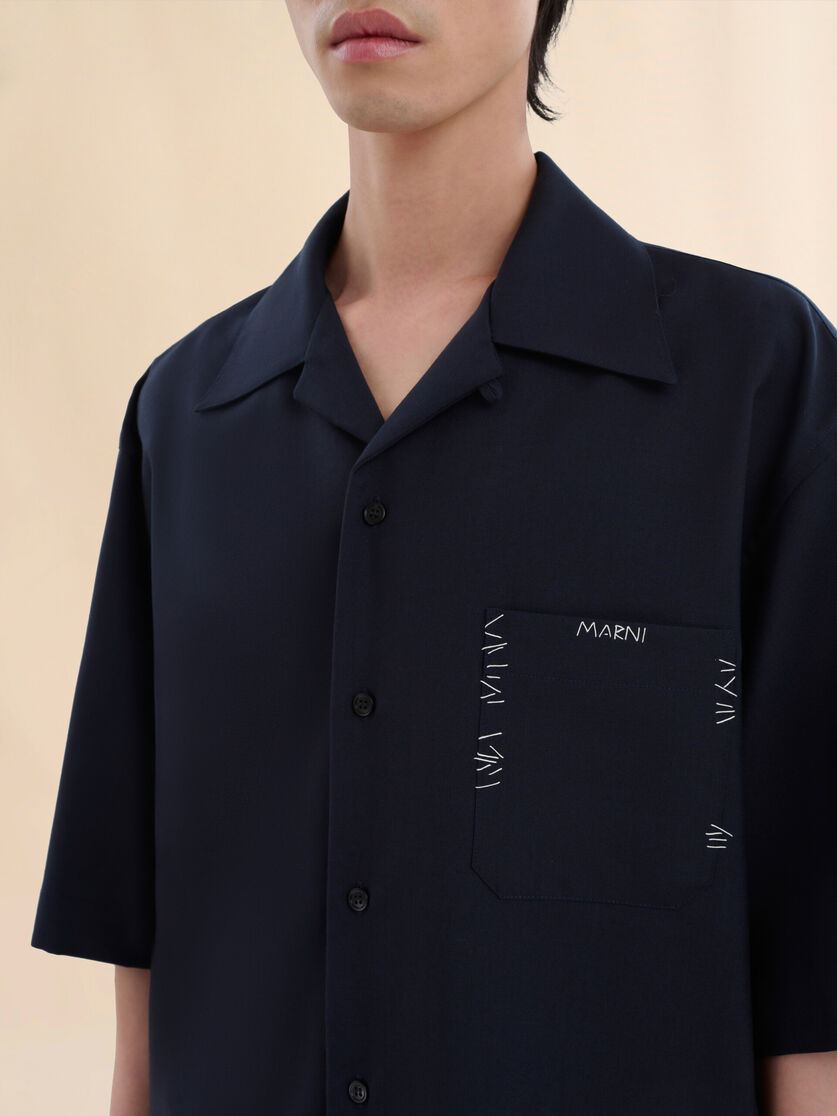 Deep blue tropical wool bowling shirt with Marni Mending - Shirts - Image 4