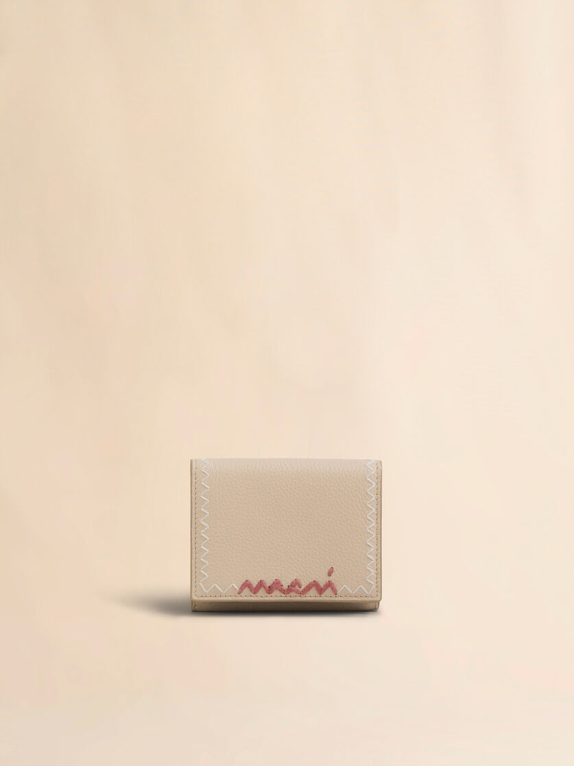 Light blue leather trifold wallet with Marni Mending embroidery - Wallets - Image 1