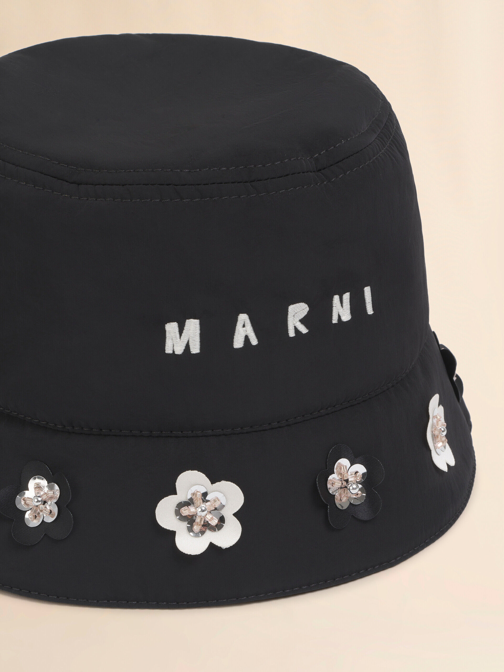 Black taffeta bucket hat with daisy appliqués | Marni