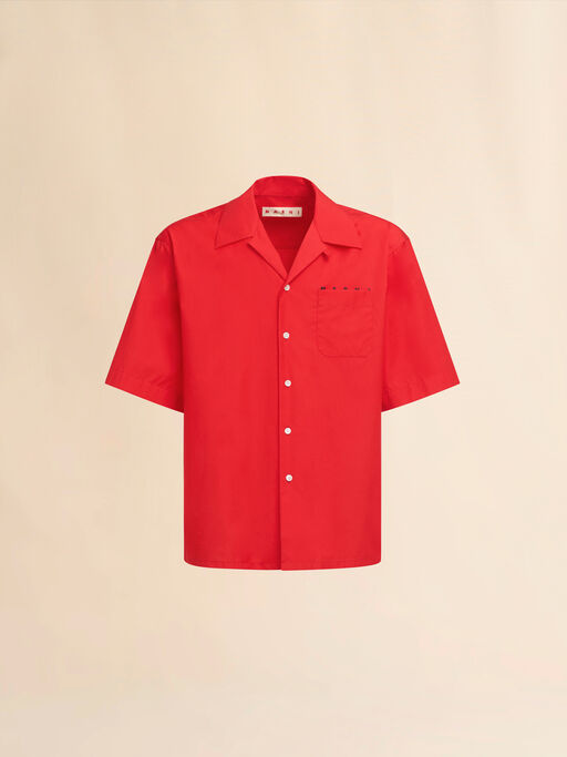 Red organic poplin bowling shirt with hidden logo - Shirts