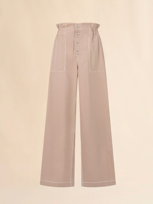 Beige gabardine trousers with paperbag waist - Pants