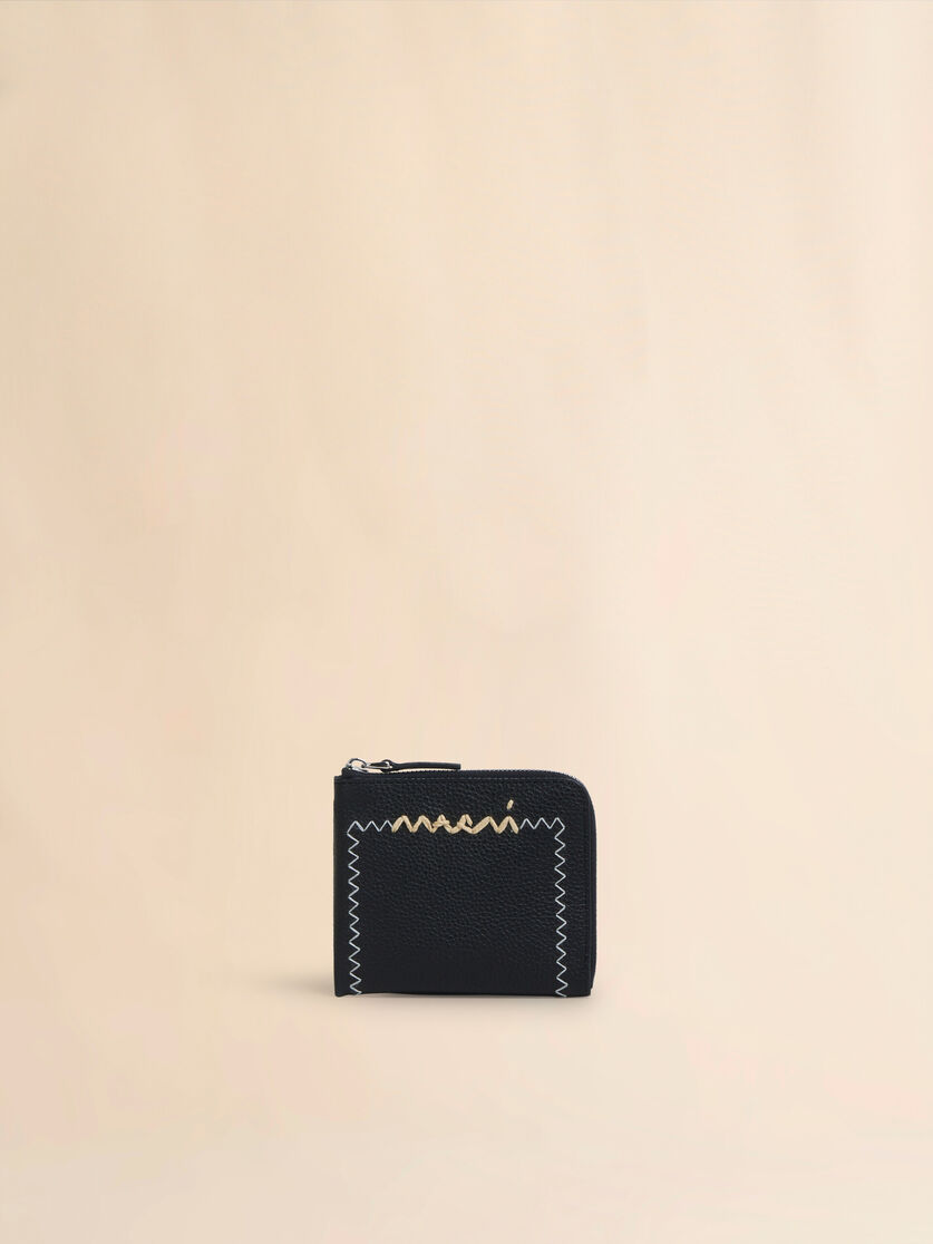 ブラック レザー製 ジップアラウンドウォレット、マルニメンディング  