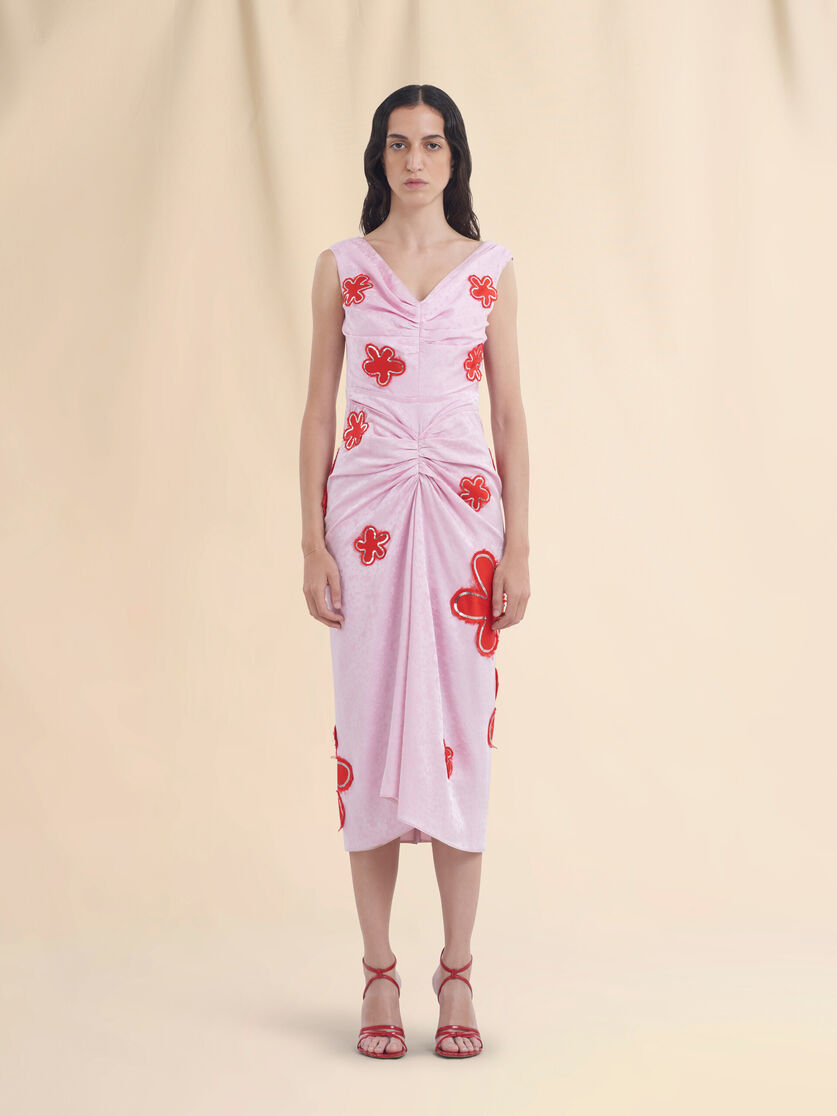 Pink silk jaquard dress with flower patches and sequins - Dresses - Image 2