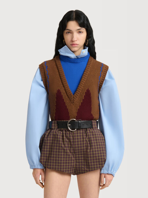 Brown wool layered vest with M intarsia - Pullovers