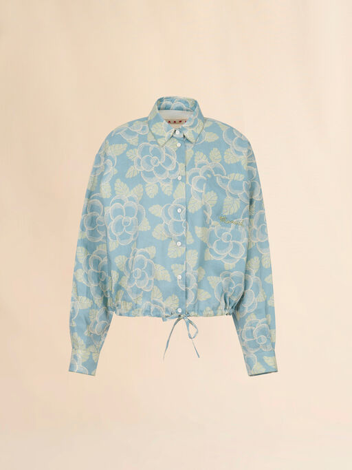Blue ramie drawstring shirt with Banjo print - Shirts