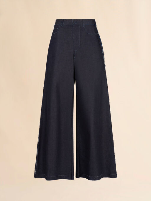 Deep blue stretch denim trompe l'oeil trousers - Pants