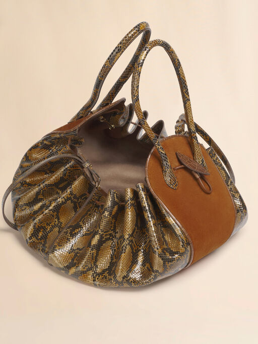Brown suede and python-print leather Tulipea large handbag - Shoulder Bags