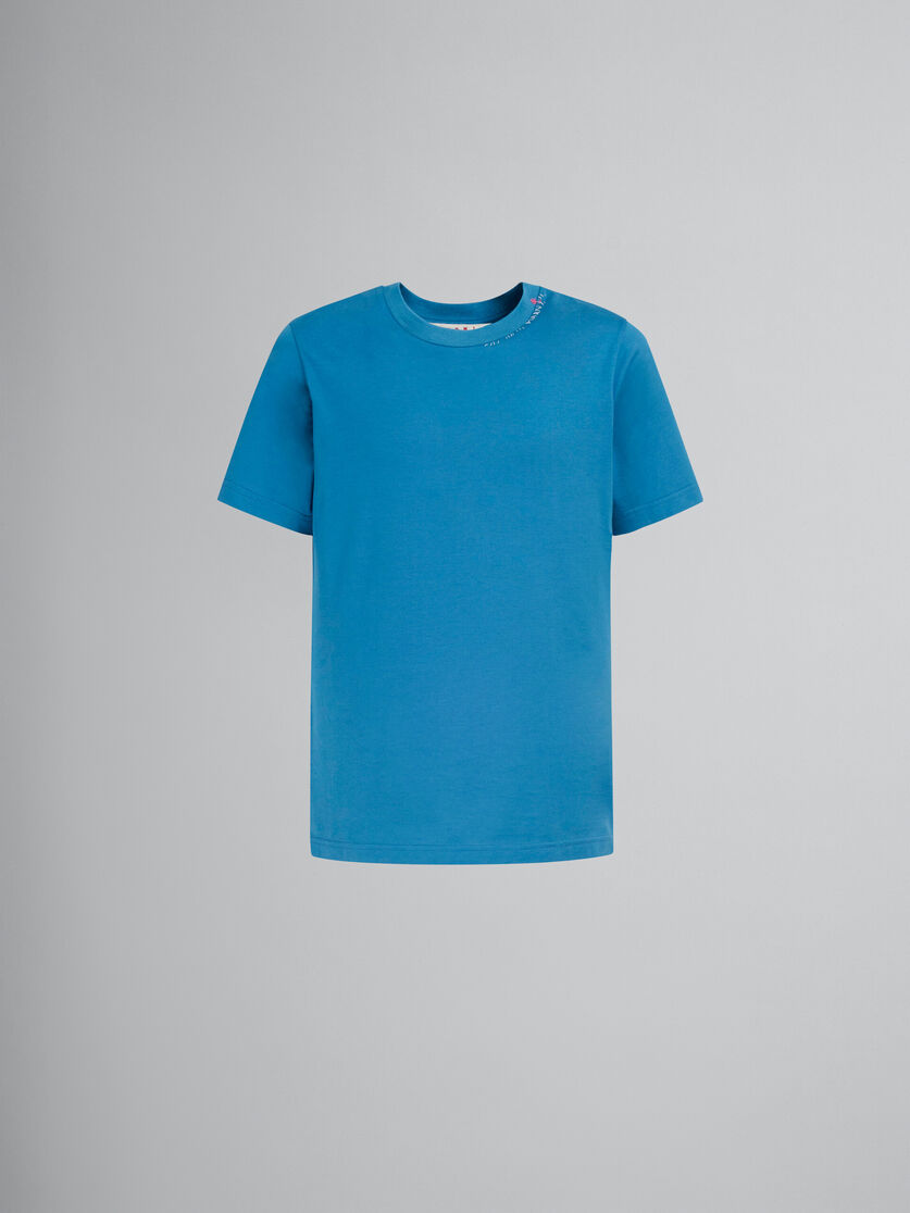 ブルー バック フラワープリント コットン製Tシャツ - Tシャツ - Image 1
