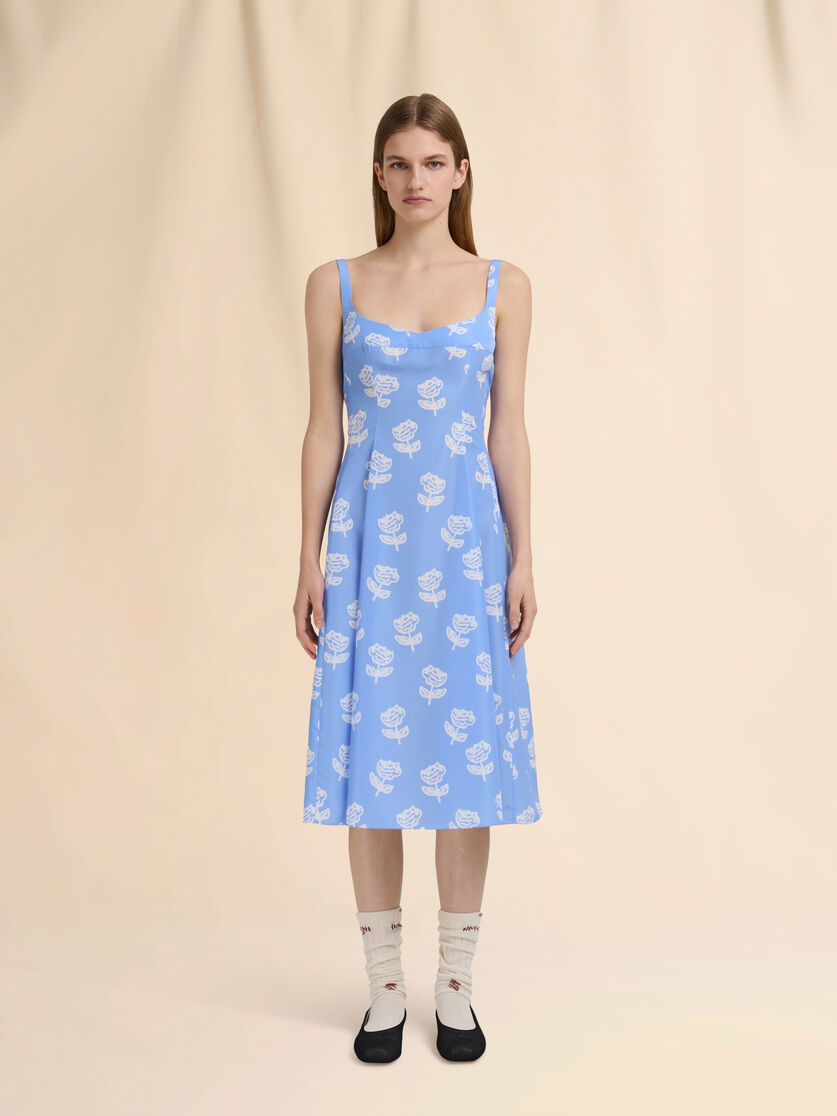 Light blue poplin flared dress with Sprayed Roses print - Dresses - Image 2