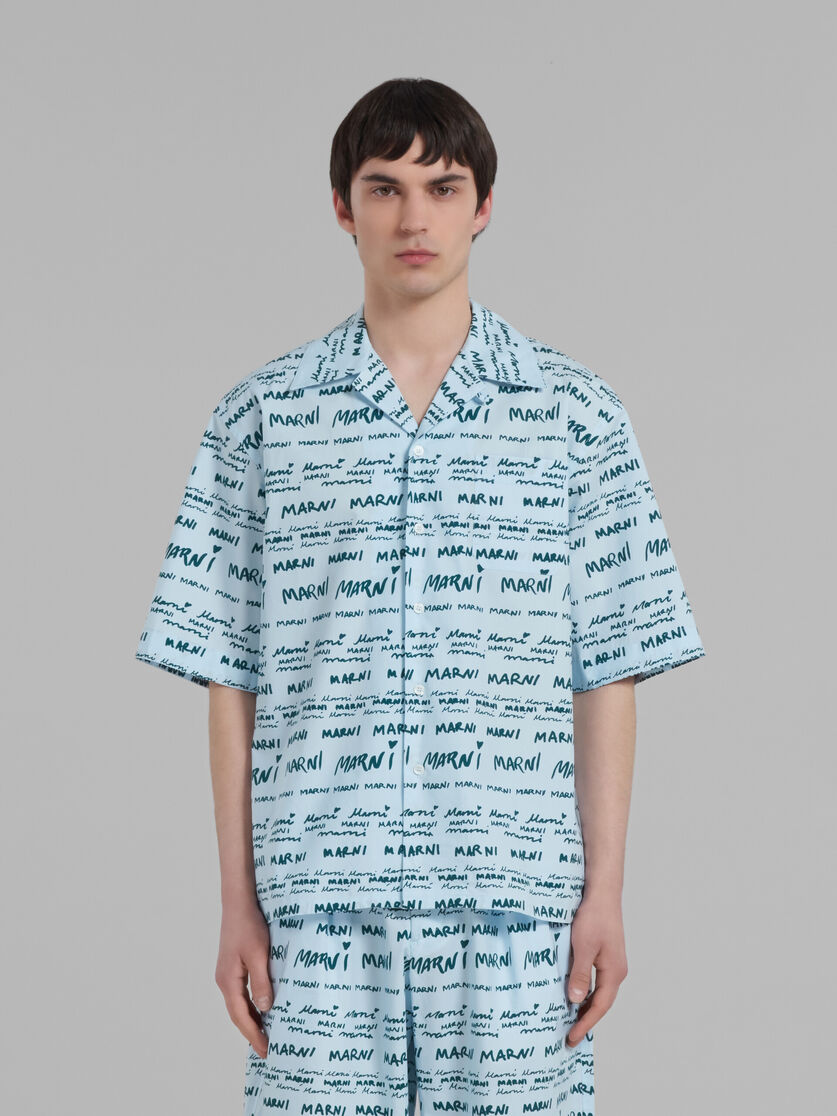 Ice blue cotton bowling shirt with Mega Marni print | Marni