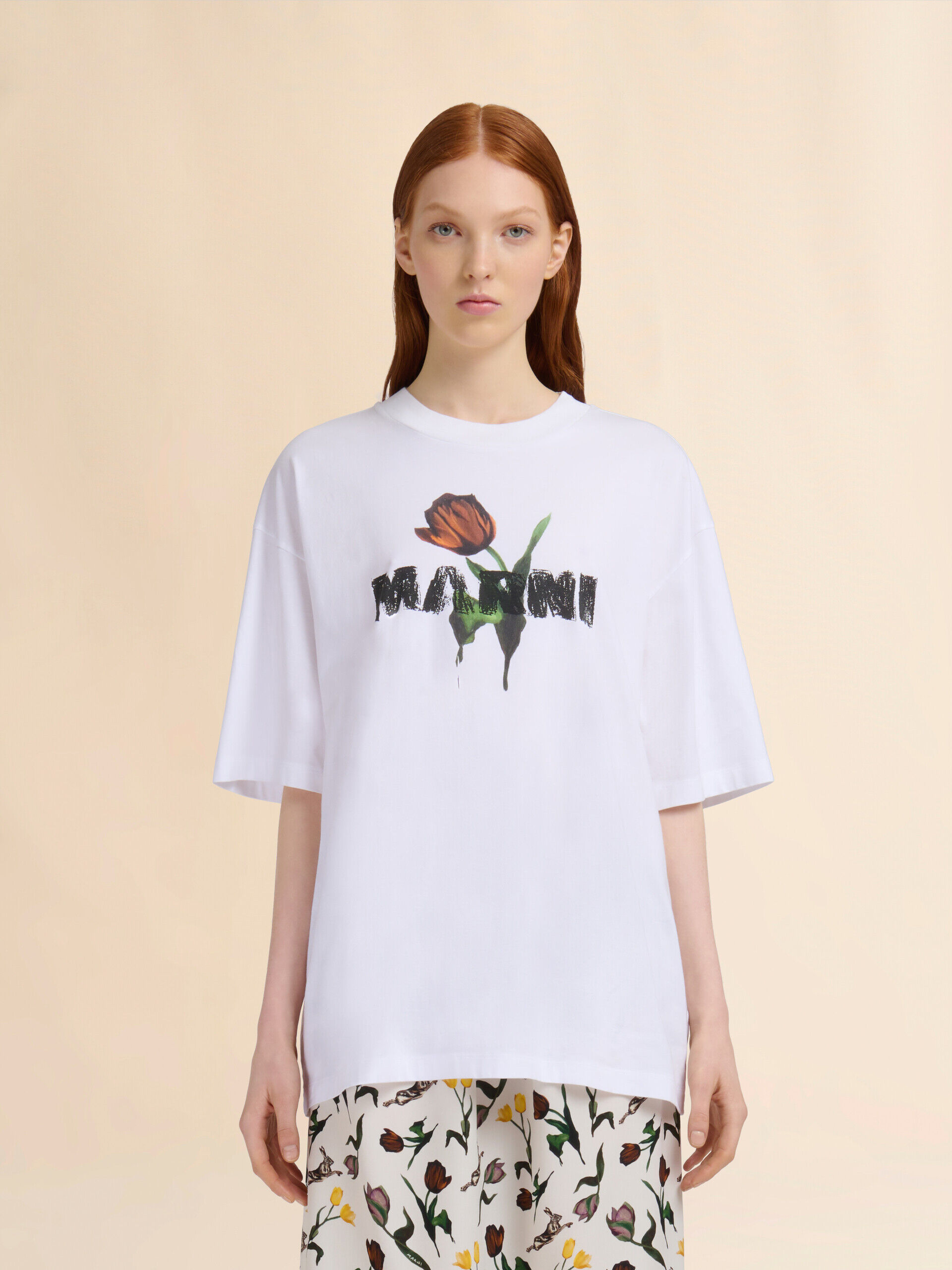 ホワイト コットン製Tシャツ チューリップのプリント | Marni
