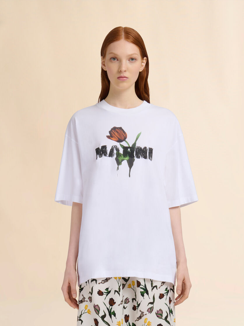 White cotton T-shirt with tulip print - T-shirts - Image 2