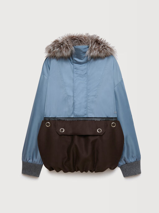 Grey nylon half-zip jacket with fur collar - Jackets