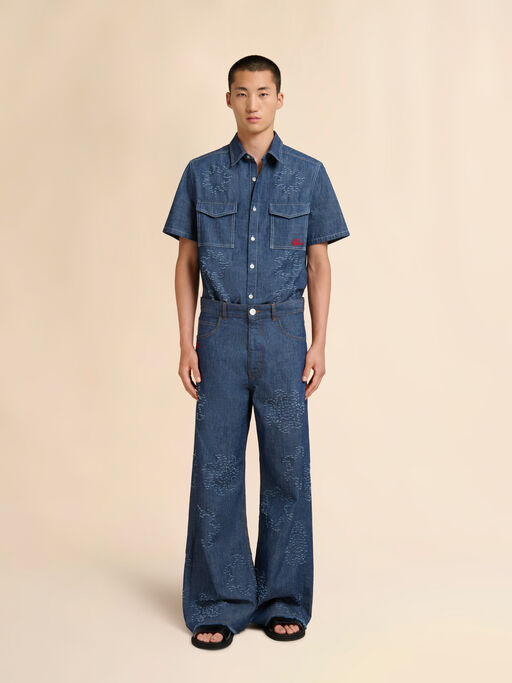 Blue chambray jeans with frayed sun motif - Pants