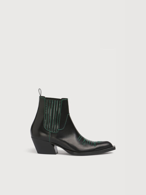 Cowboy-Stiefeletten aus schwarzem Leder mit gr&uuml;nen Ziern&auml;hten - Stiefel