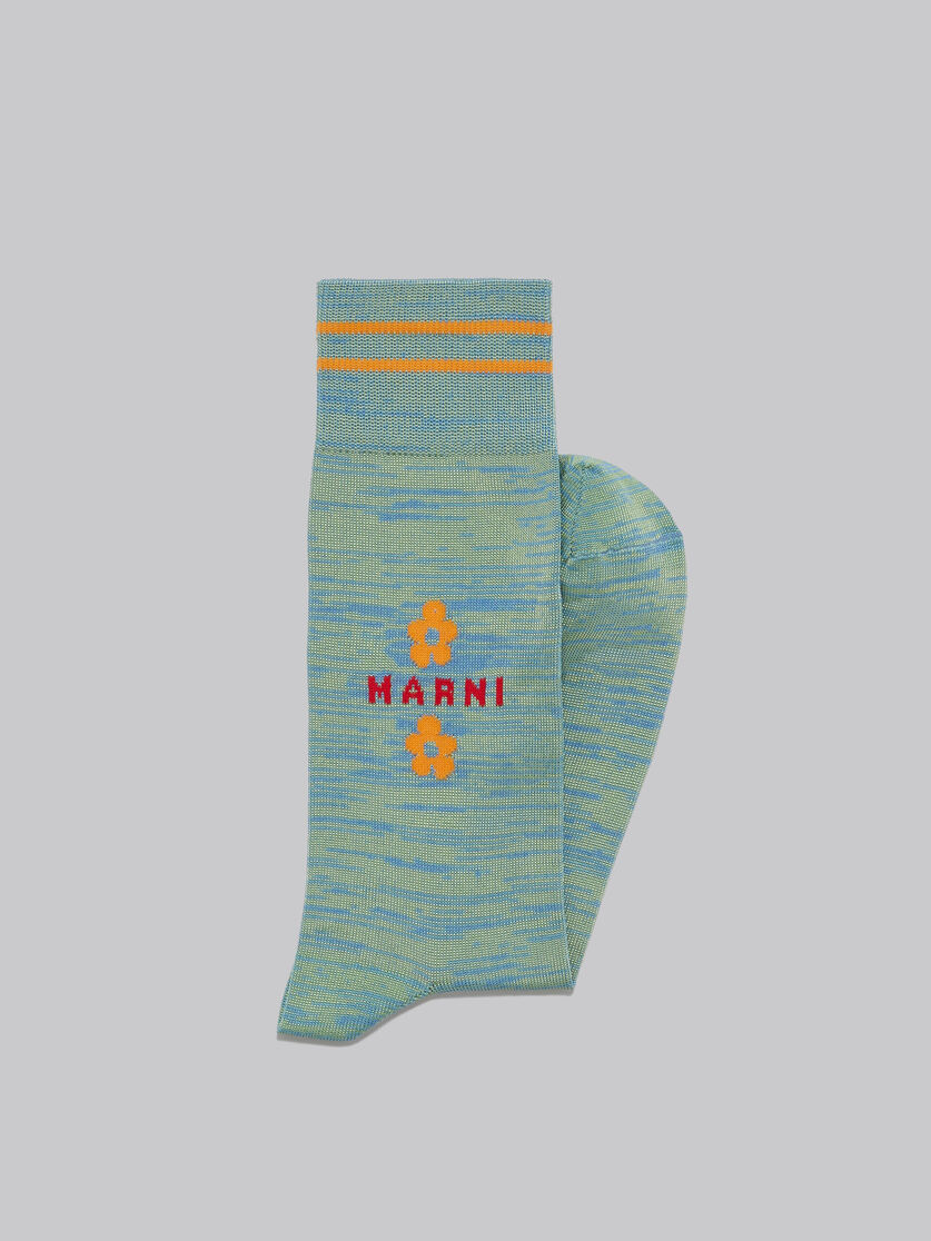 Light blue and green mouliné cotton socks with flowers - Socks - Image 2