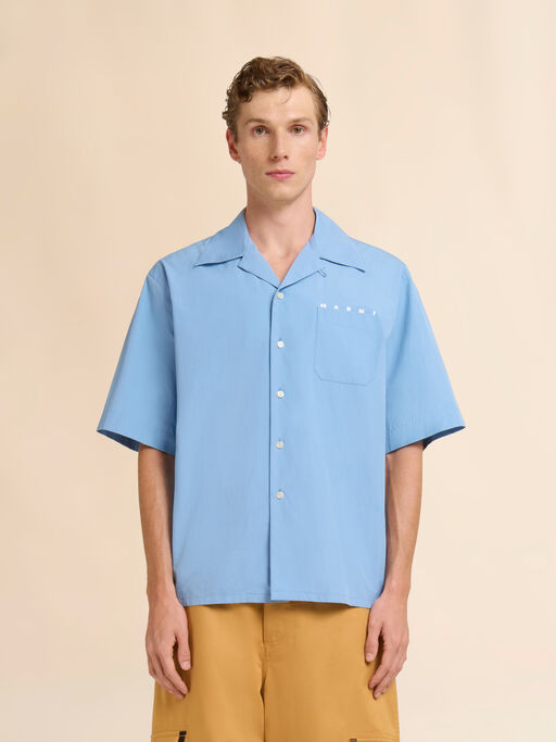 Blue poplin bowling shirt with peeping Marni logo - Shirts