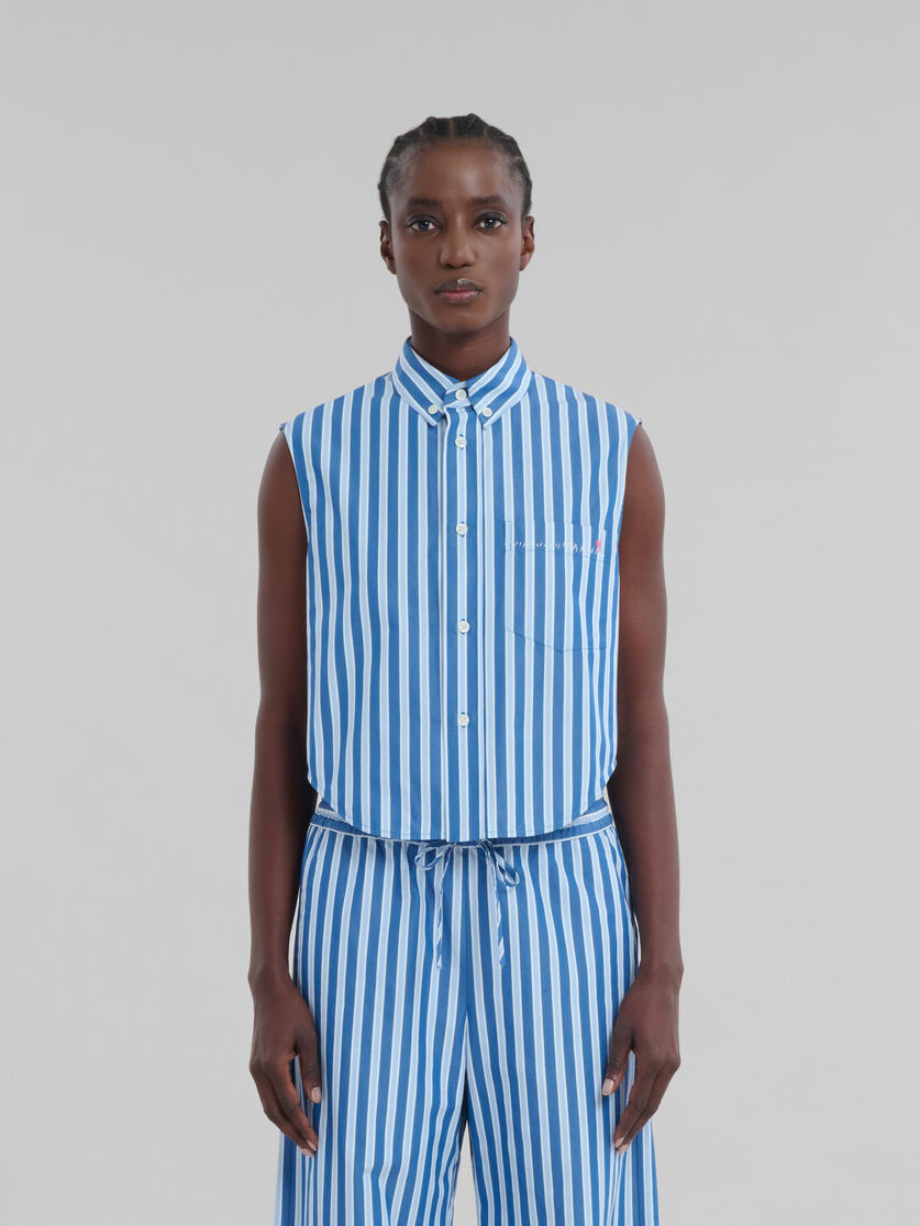 Blue and white striped organic poplin sleeveless shirt - Shirts - Image 2