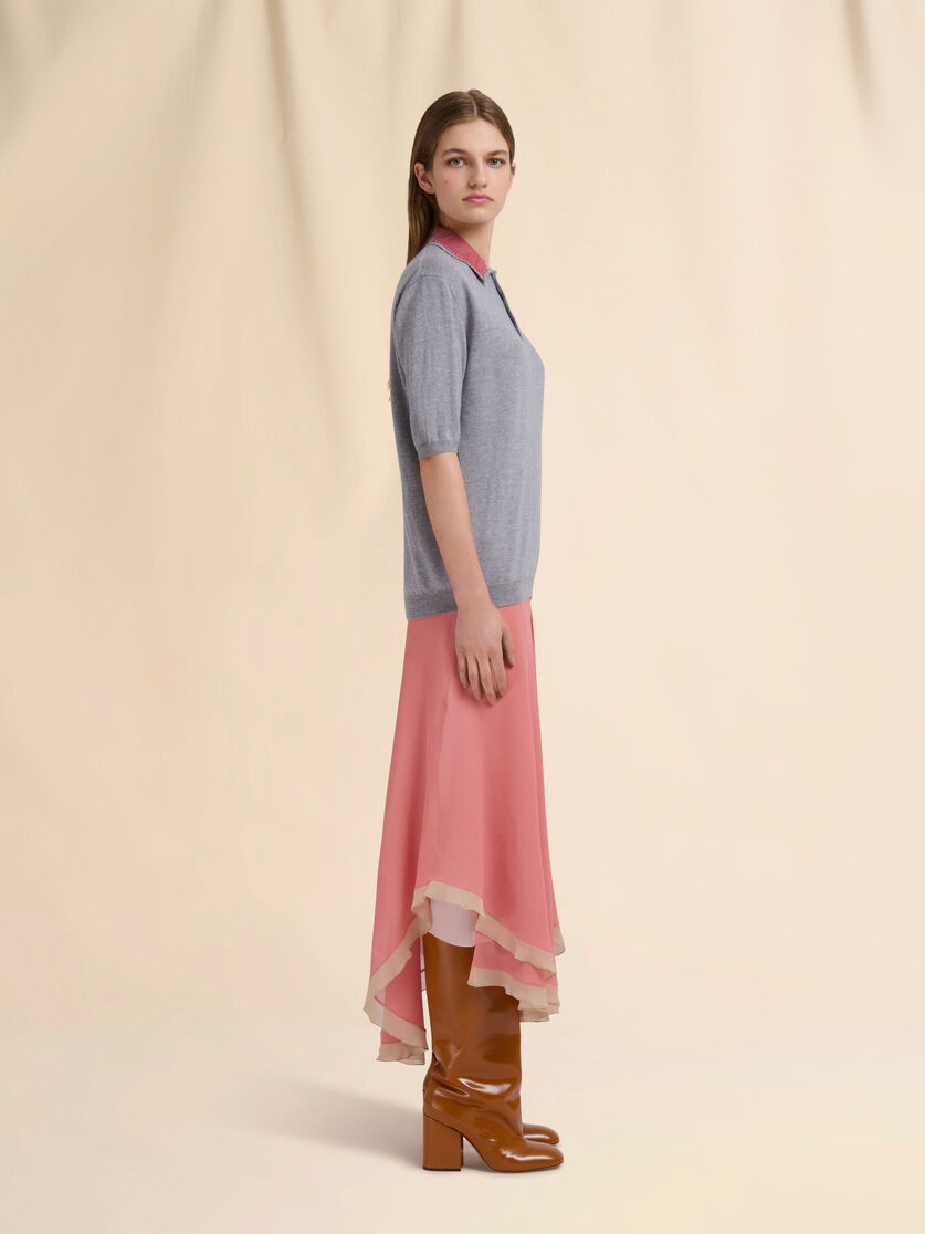 Grey wool polo shirt with velvet collar - Shirts - Image 5