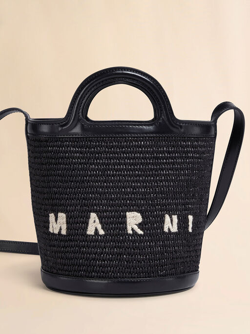 Kleine Beuteltasche Tropicalia aus schwarzem Leder und Material in Bast-Optik - Schultertaschen