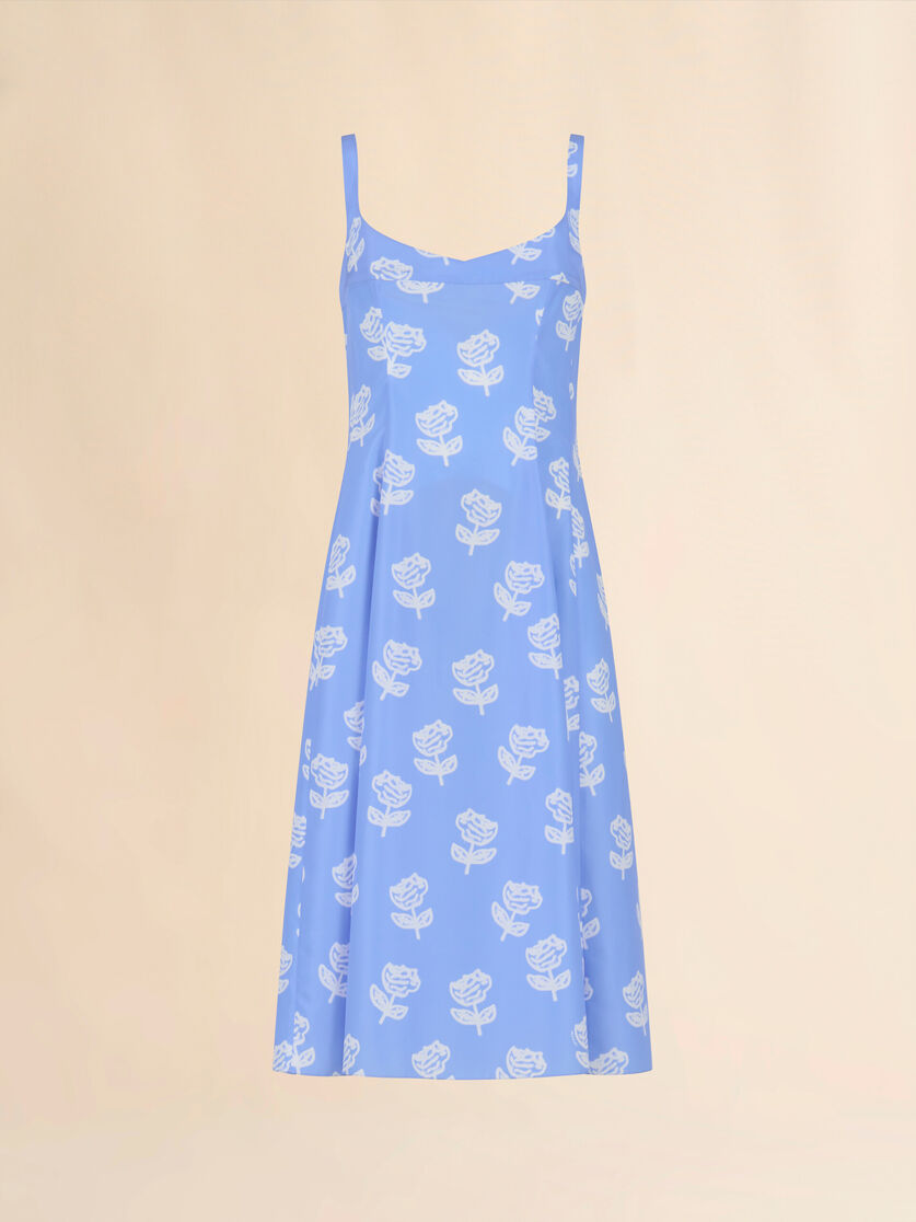 Light blue poplin flared dress with Sprayed Roses print - Dresses - Image 1