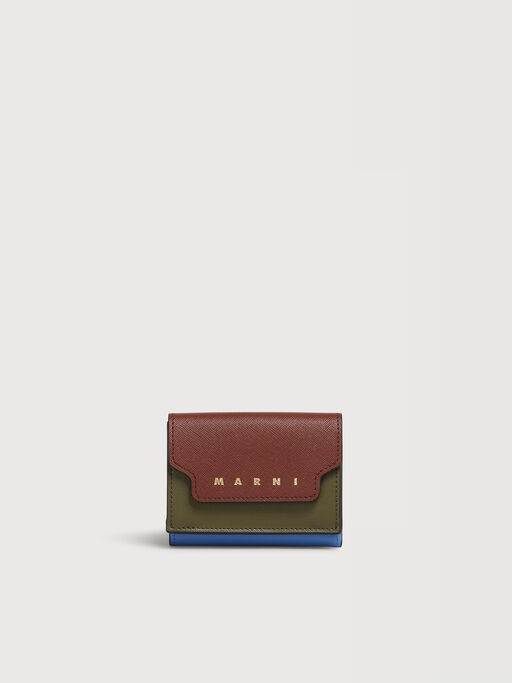 ブラウン ディープグリーン ブルー サフィアーノレザー製三つ折りウォレット - 財布