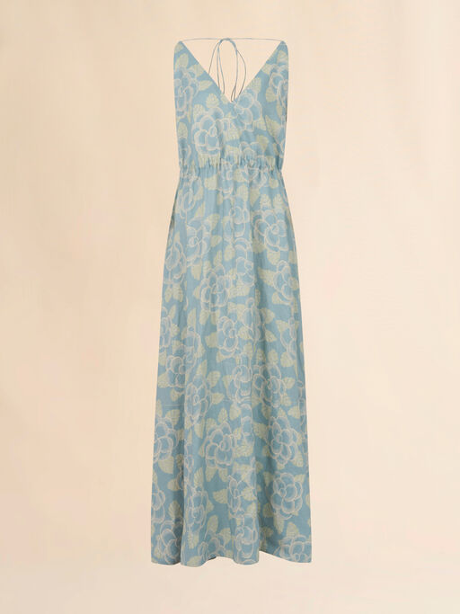 Blue ramie maxi dress with Banjo print - Dresses