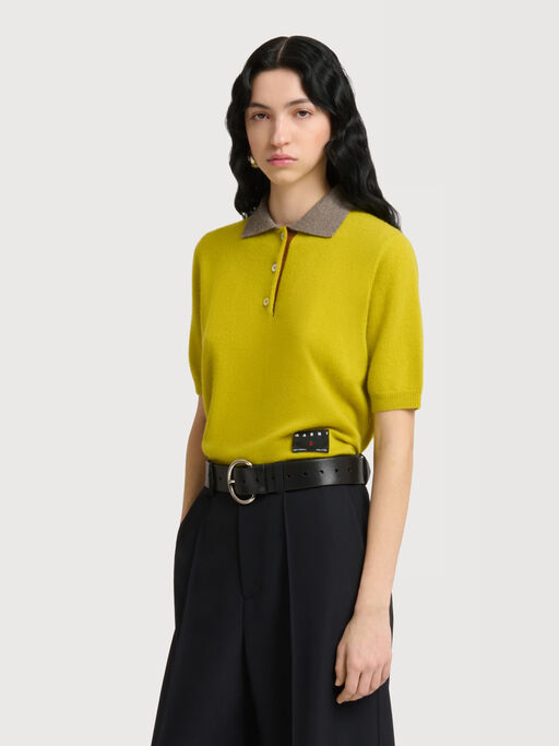 Yellow cashmere polo shirt with contrast collar - Shirts