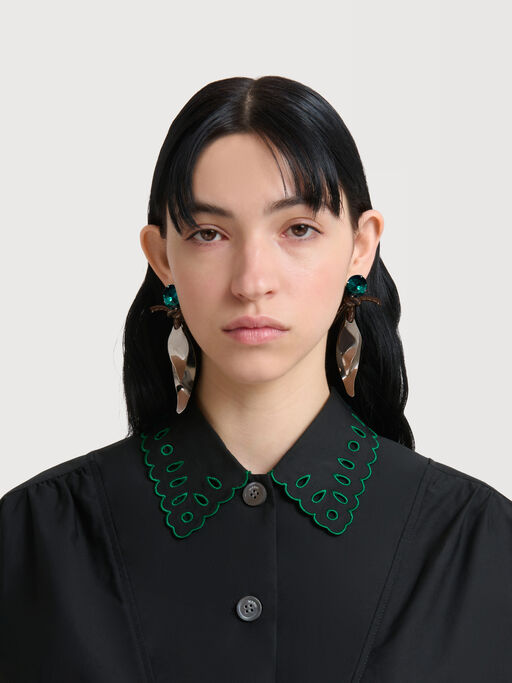 Black poplin half-button shirt with broderie anglaise - Shirts