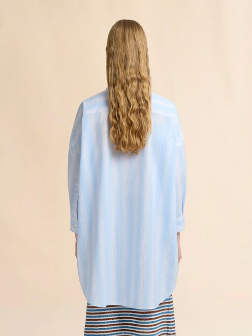 ブルー 無地パネル付きストライプポプリンシャツ - シャツ
