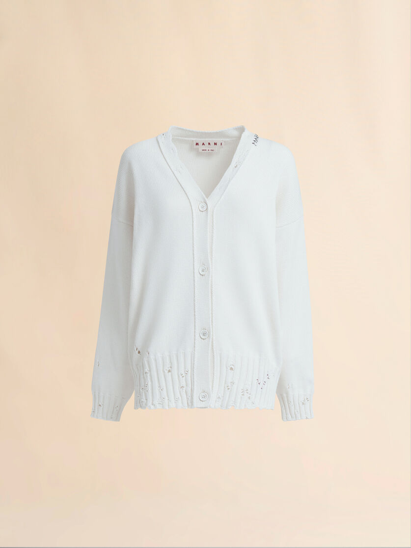 ホワイト コットン製 ディシェベルド カーディガン、マルニメン  