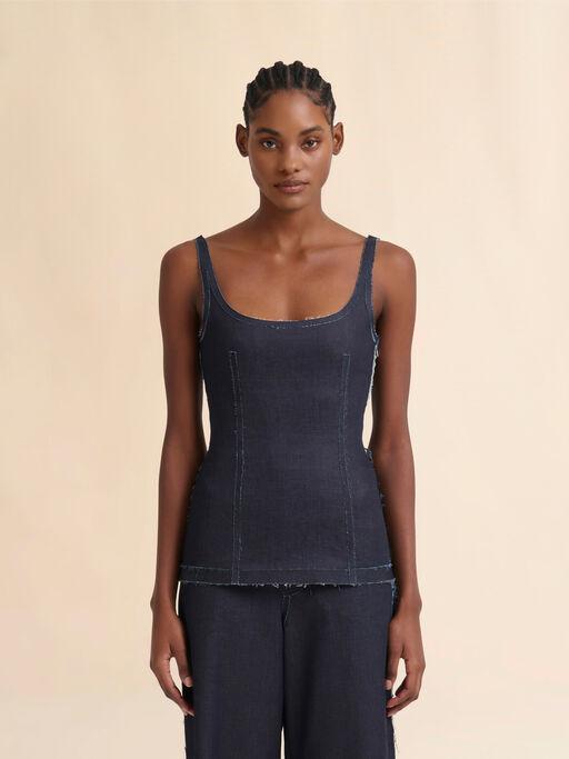 Deep blue stretch denim trompe l'oeil tank top - Shirts
