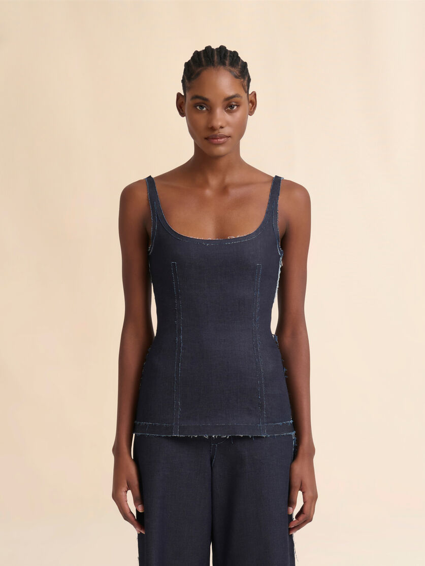 Deep blue stretch denim trompe l'oeil tank top - Shirts - Image 2