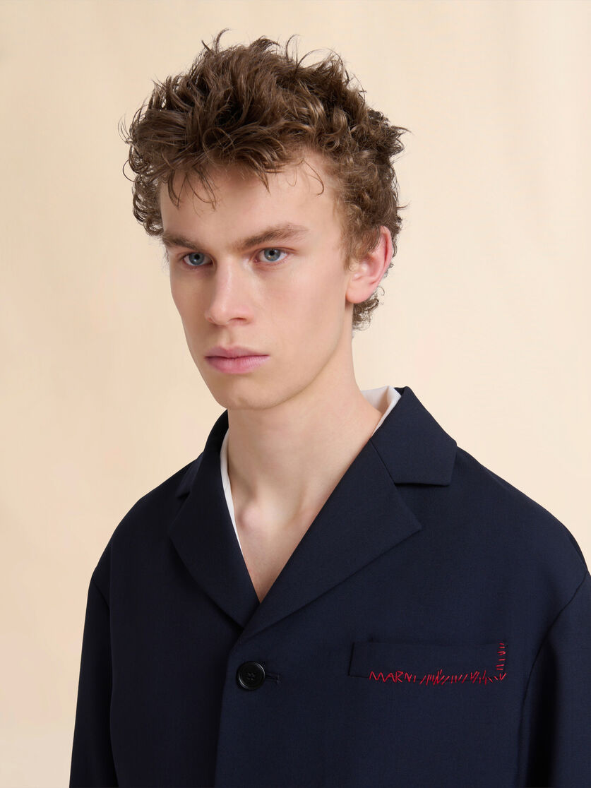 Dunkelblaue einreihige Jacke aus Wolle mit Marni Symbol-Stickerei - Jacken - Image 4