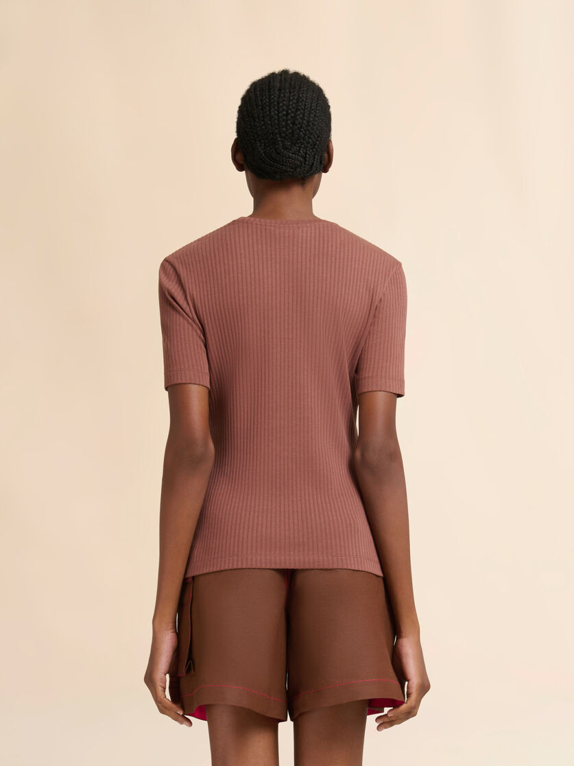 Brown ribbed cotton T-shirt with Marni Frame logo, Image 3
