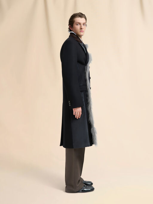 Black wool felt coat with fur trim - Coats