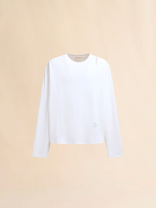 White ribbed cotton T-shirt with Marni Symbol - Shirts