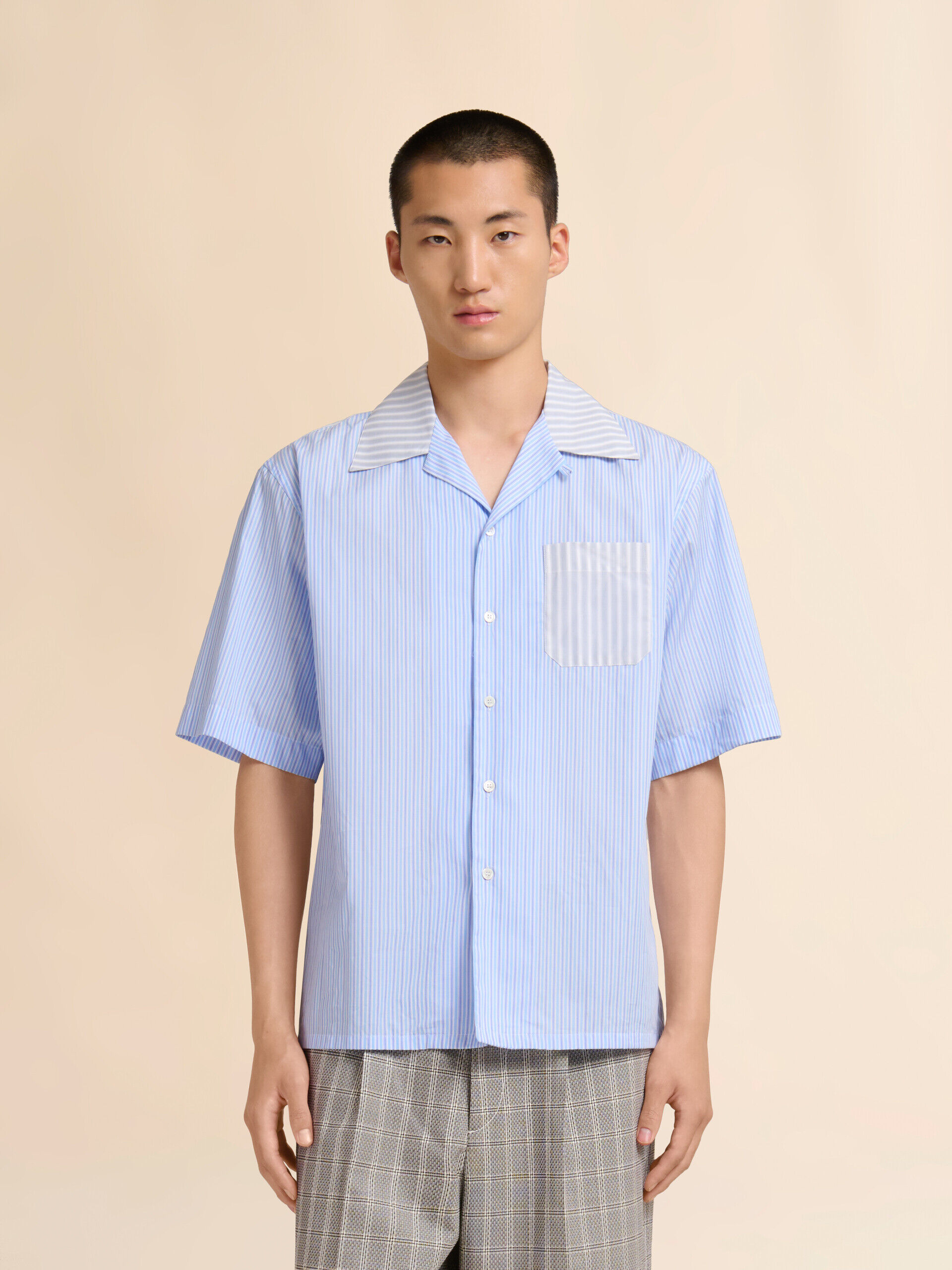 Blue striped poplin bowling shirt with contrast accents | Marni
