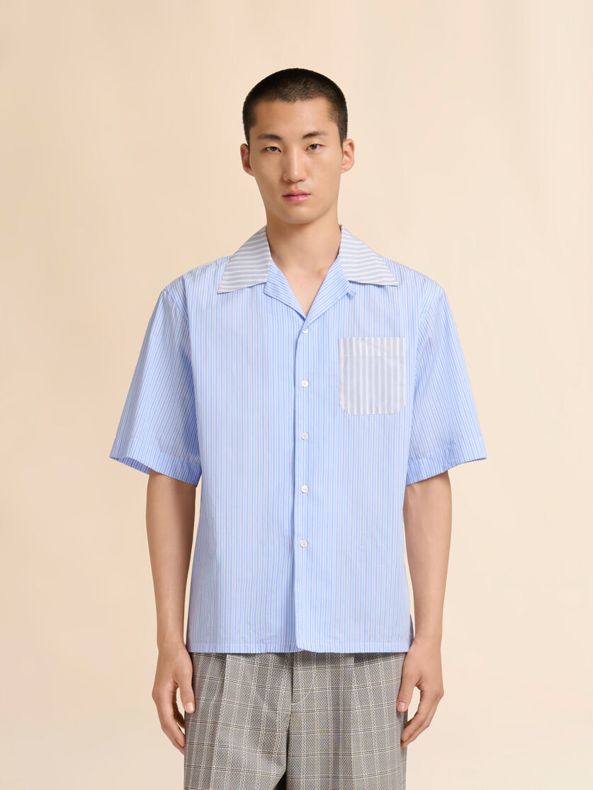 Blue striped poplin bowling shirt with contrast accents, Image 2