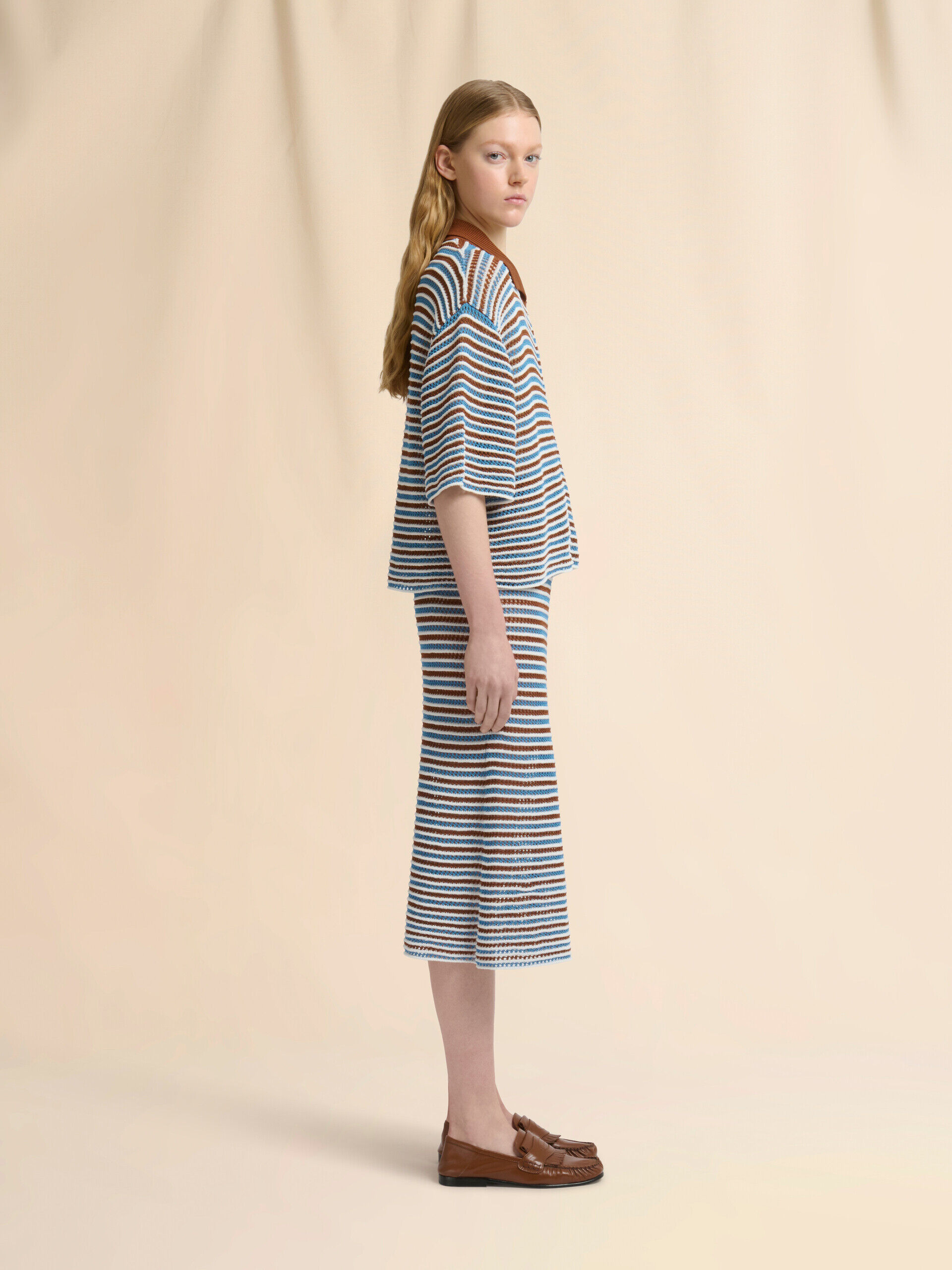 Brown and blue striped cotton crochet cardigan | Marni