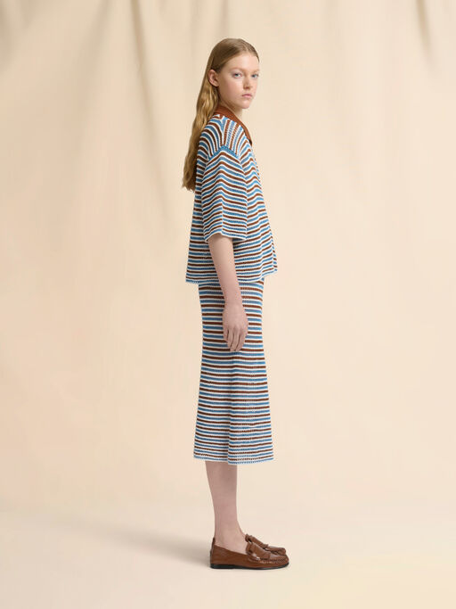 Brown and blue striped cotton crochet cardigan - Pullovers