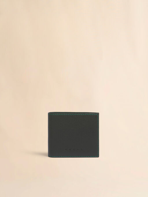 Black leather bifold wallet with contrast stitching - Wallets