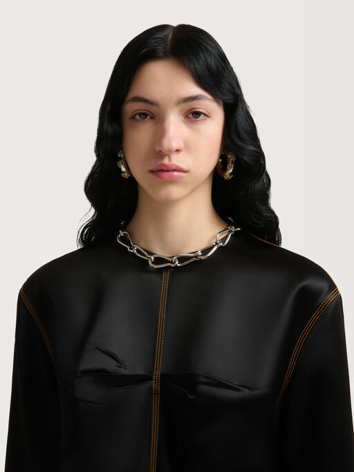 Black satin long-sleeved dress with contrast stitching - Dresses