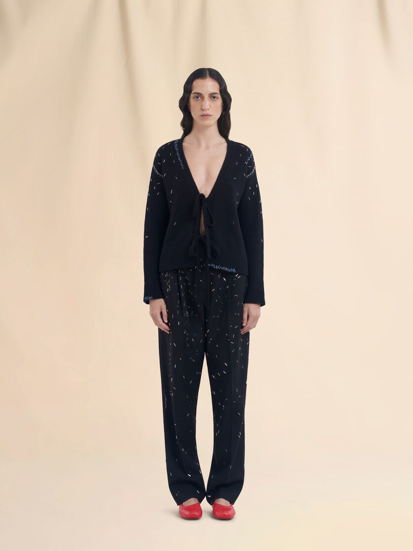 Black straight cut wool trousers with bead detail - Pants - Image 2