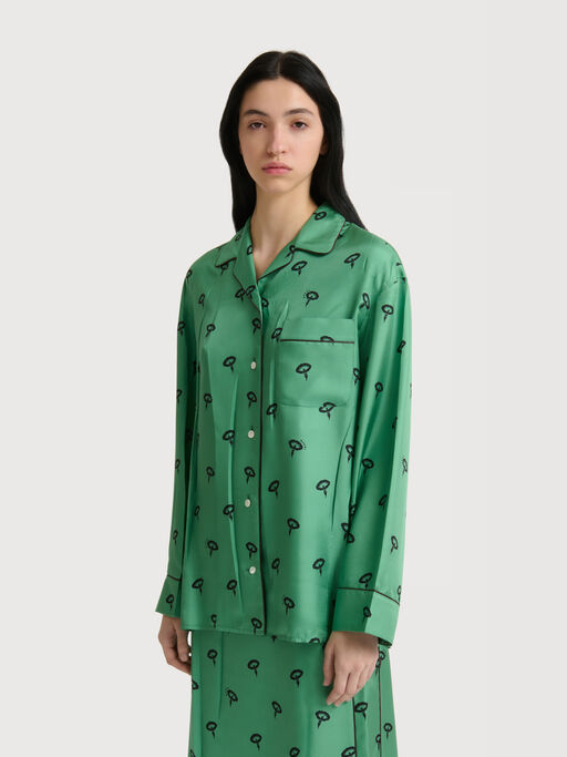 Green silk twill pyjama shirt with floral print - Shirts